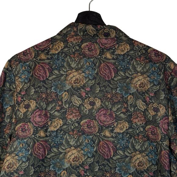 Vintage Floral Blazer, 1980s Jewel Tone Print Jacket Black Green Burgundy 12 USA - Picture 7 of 10